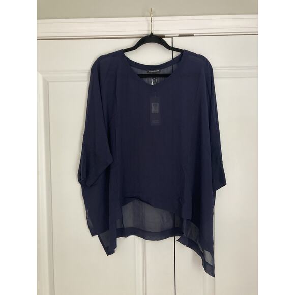Eileen Fisher Sheer Silk Georgette V Neck Midnight Blue Elbow Slv Box Top Small - Picture 1 of 9